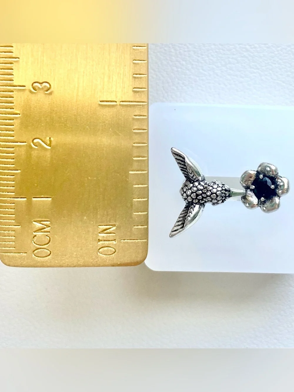 Silver Hummingbird and Flower Open Ring — Silver Color